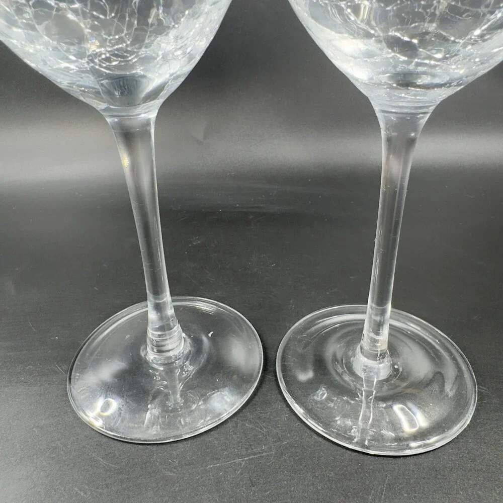 Pier 1 Clear Glass Crackle Angled Rim Goblet Drinking Glasses Cups Set 2 BarWare